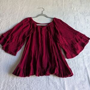 Forever Lily Maroon Red Flowy Peasant Blouse Layered Bell Sleeves Small